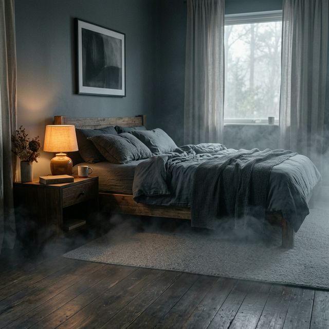 Misty bedroom with a warm glowing lamp